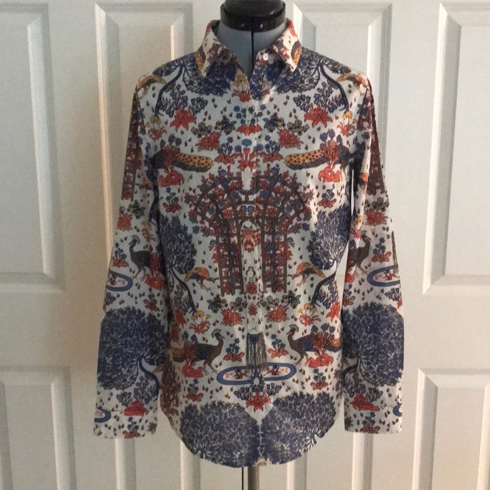 J McLaughlin Peacock & Garden Print Blouse Cotton Blue Ivory Orange XS